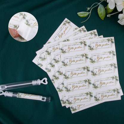 50x Seifenblasen Hochzeit Aufkleber Liebe Grüne Blätter PVC