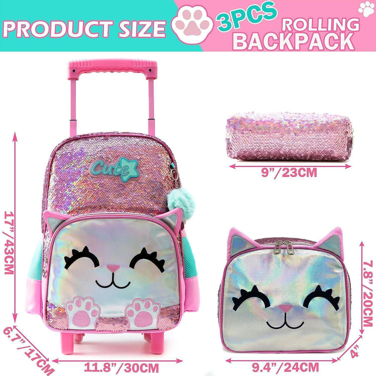 Mädchen Rolling Backpack mit Rädern & Pailletten-Katze 6-8 Jahre
