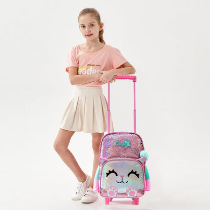 Mädchen Rolling Backpack mit Rädern & Pailletten-Katze 6-8 Jahre