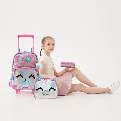 Mädchen Rolling Backpack mit Rädern & Pailletten-Katze 6-8 Jahre