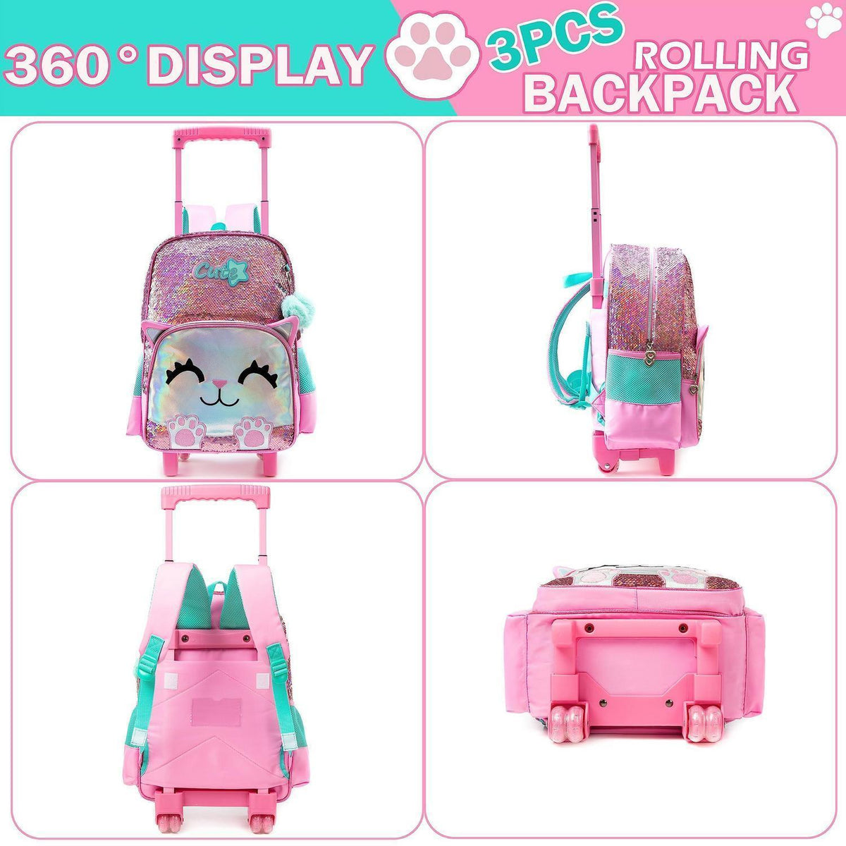 Mädchen Rolling Backpack mit Rädern & Pailletten-Katze 6-8 Jahre