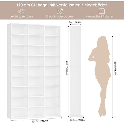 190 cm Bücherregal weiß mit verstellbaren Ablagen & CD-Fächern