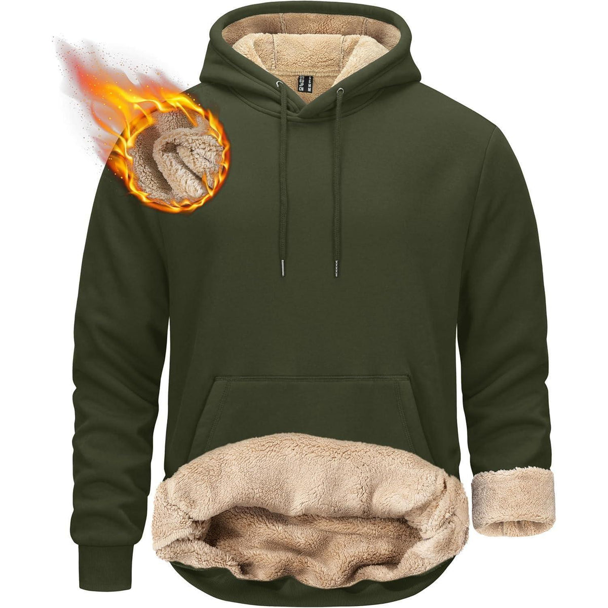 Herren Sherpa Hoodie mit Kängurutasche, Armeegrün XXL