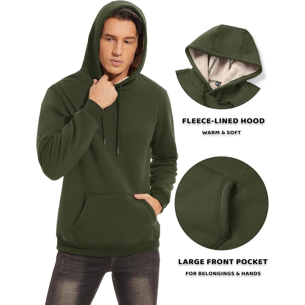 Herren Sherpa Hoodie mit Kängurutasche, Armeegrün, XL