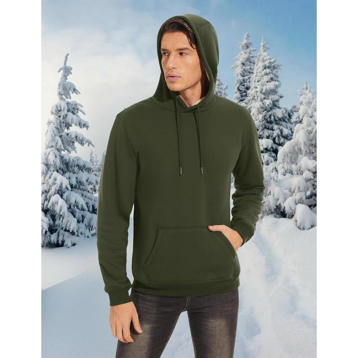Herren Sherpa Hoodie mit Kängurutasche, Armeegrün