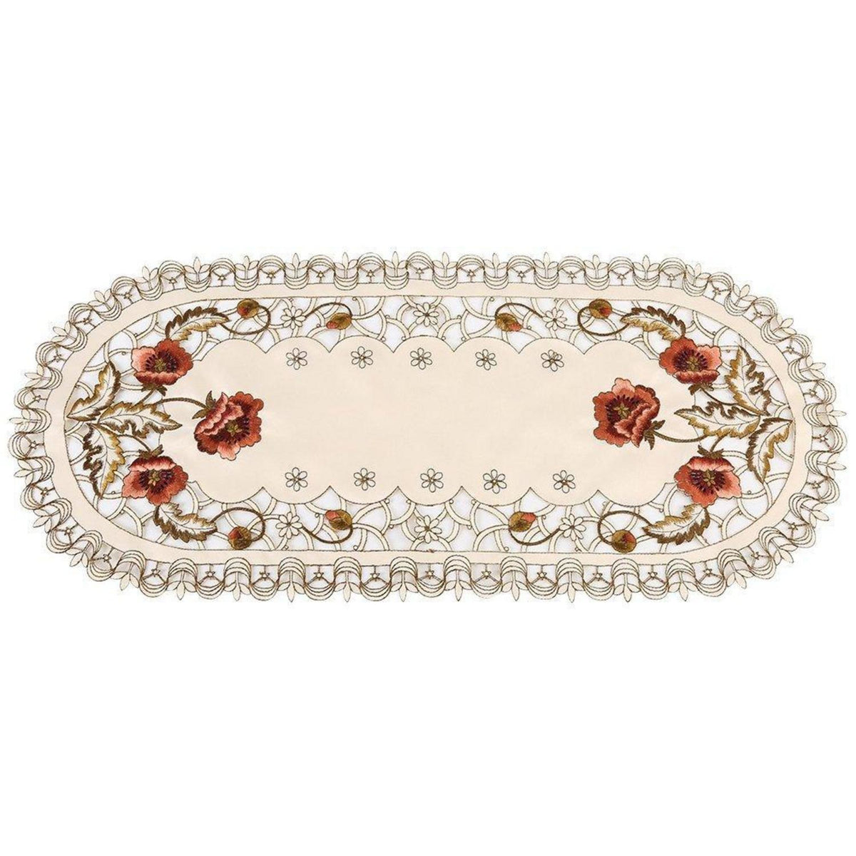 Bestickter Tischläufer rot Blumen oval – Tischdeko Hochzeit