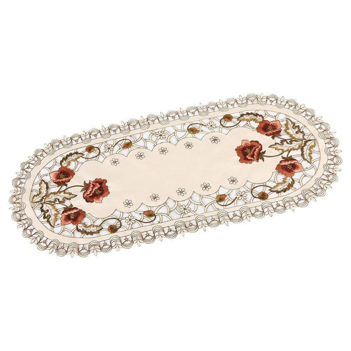 Bestickter Tischläufer rot Blumen oval – Tischdeko Hochzeit