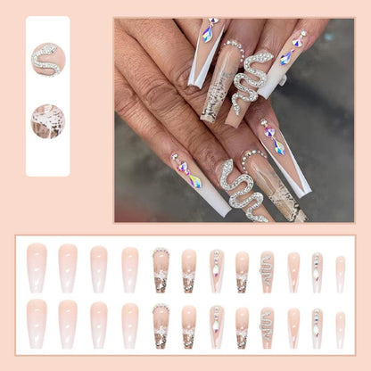 24 Stück JUSTOTRY Coffin 3D Nägel Snake Weiß French Ballerina Press on Nails