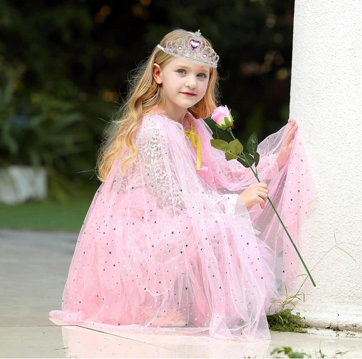 Prinzessin Umhang Mädchen Rosa Tüll Cape Glitzer Krone Zauberstab Kinder Kostüm