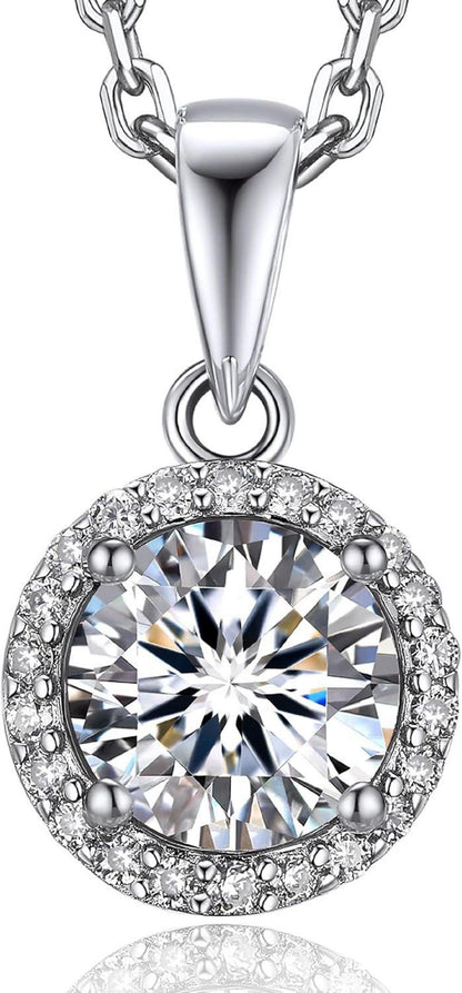 925 Silberkette mit Moissanite Anhänger Halo Brillant Cut