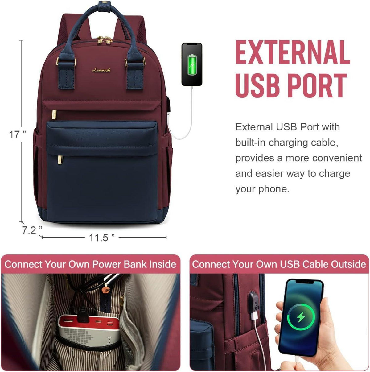 Laptop Rucksack Damen 15,6 Zoll Wasserdichter Daypack USB Anschluss