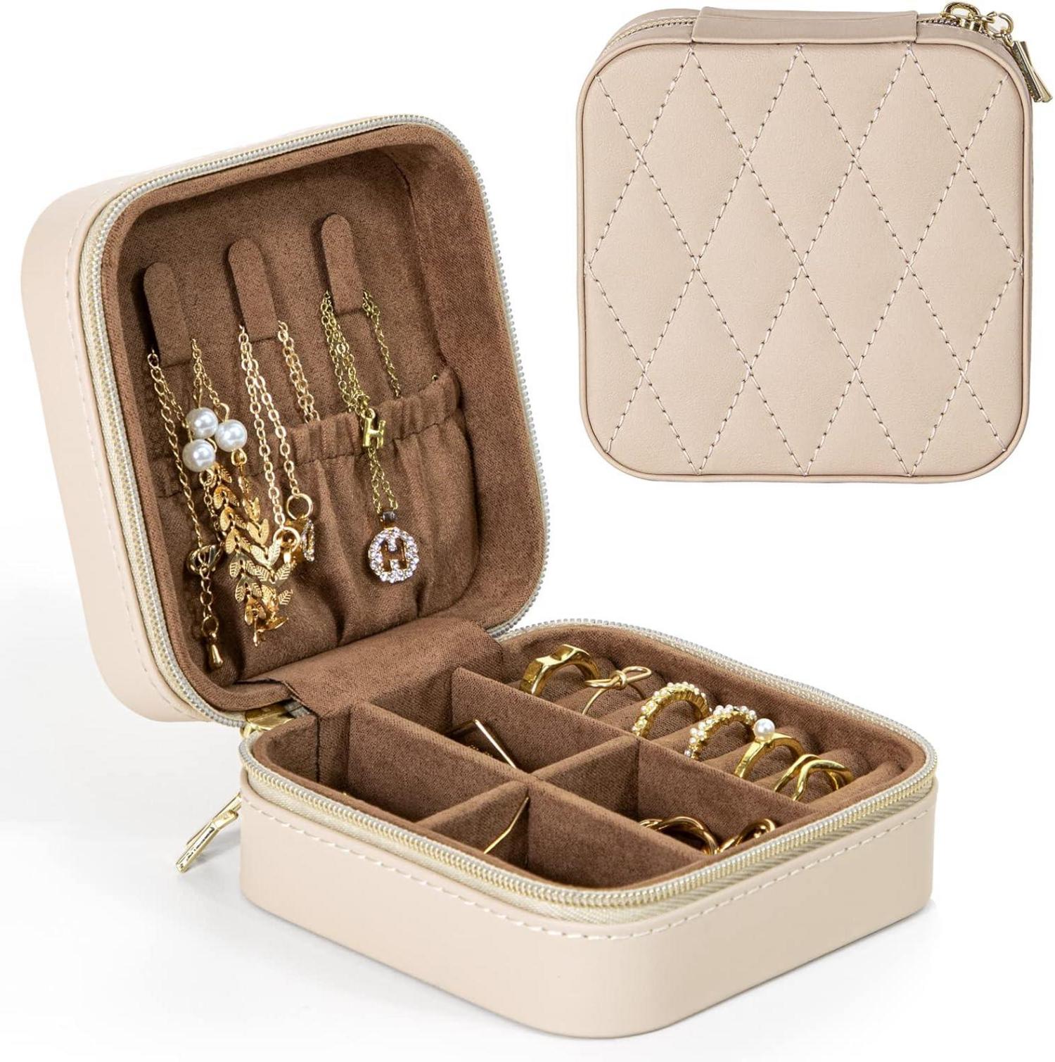 Kleine Schmuckkästchen PU Leder Tragbarer Reise Etui Beige