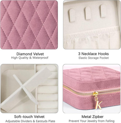 Kleine Schmuckkästchen für Damen, Tragbare Reise Schmuckbox, Rosa Samt-Mini-Aufbewahrung