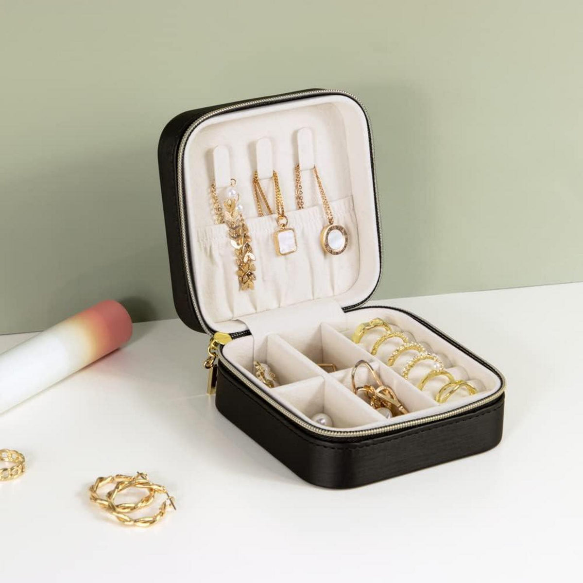 Kleine Schmuckkästchen für Damen - Tragbare Schmuckbox Schwarz