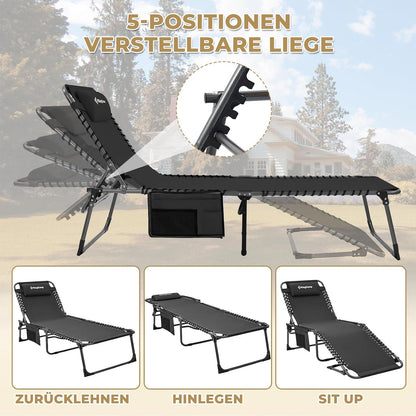 Campingliege klappbar 5-Stufig verstellbar Sonnenliege Gartenliege mit Kopfkissen Schwarz