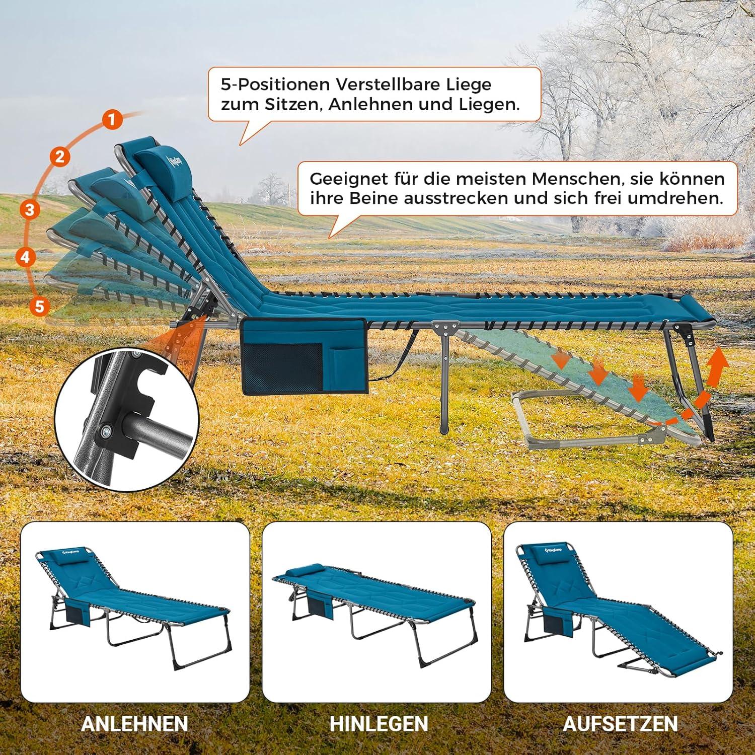 KingCamp Übergroße Sonnenliege Klappbar 5-Fach Verstellbar Gartenliege Blau 200 x 68 cm