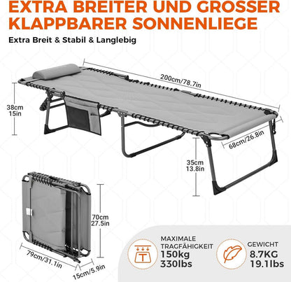 Übergroße Klappbare Sonnenliege 5-Fach Verstellbar Gartenliege 150 kg