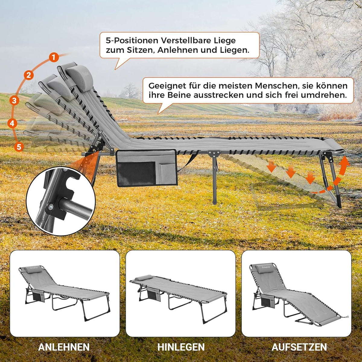 Übergroße Sonnenliege 5-Fach Verstellbar Gartenliege Liege mit Kopfkissen Grau 200 x 68 cm