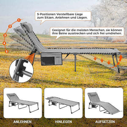 Übergroße Sonnenliege 5-Fach Verstellbar Gartenliege Liege mit Kopfkissen Grau 200 x 68 cm