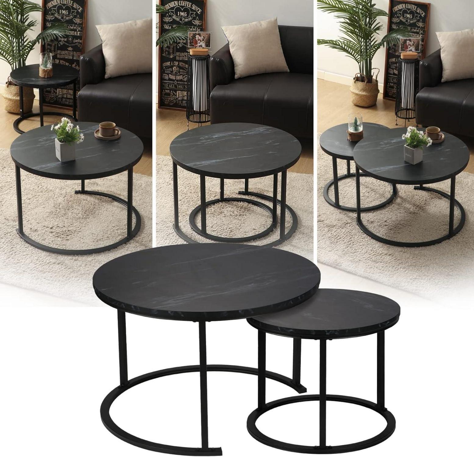 Runder Couchtisch, 2er Set Satztisch, Modernes Wohnzimmertisch-Set, Schwarz