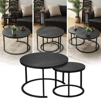Runder Couchtisch, 2er Set Satztisch, Modernes Wohnzimmertisch-Set, Schwarz