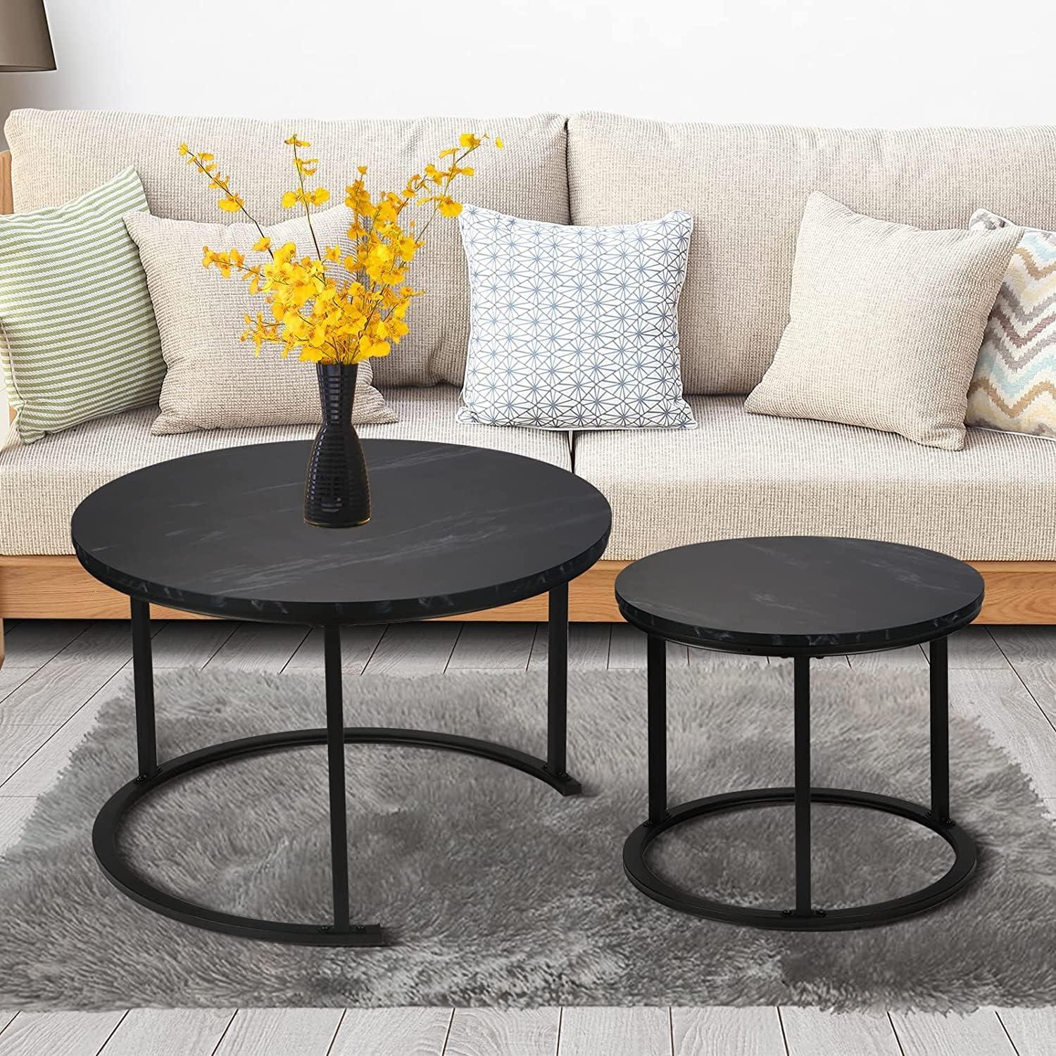 Runder Couchtisch Satztisch 2er Set Schwarz MDF Metallgestell 70x70x45cm