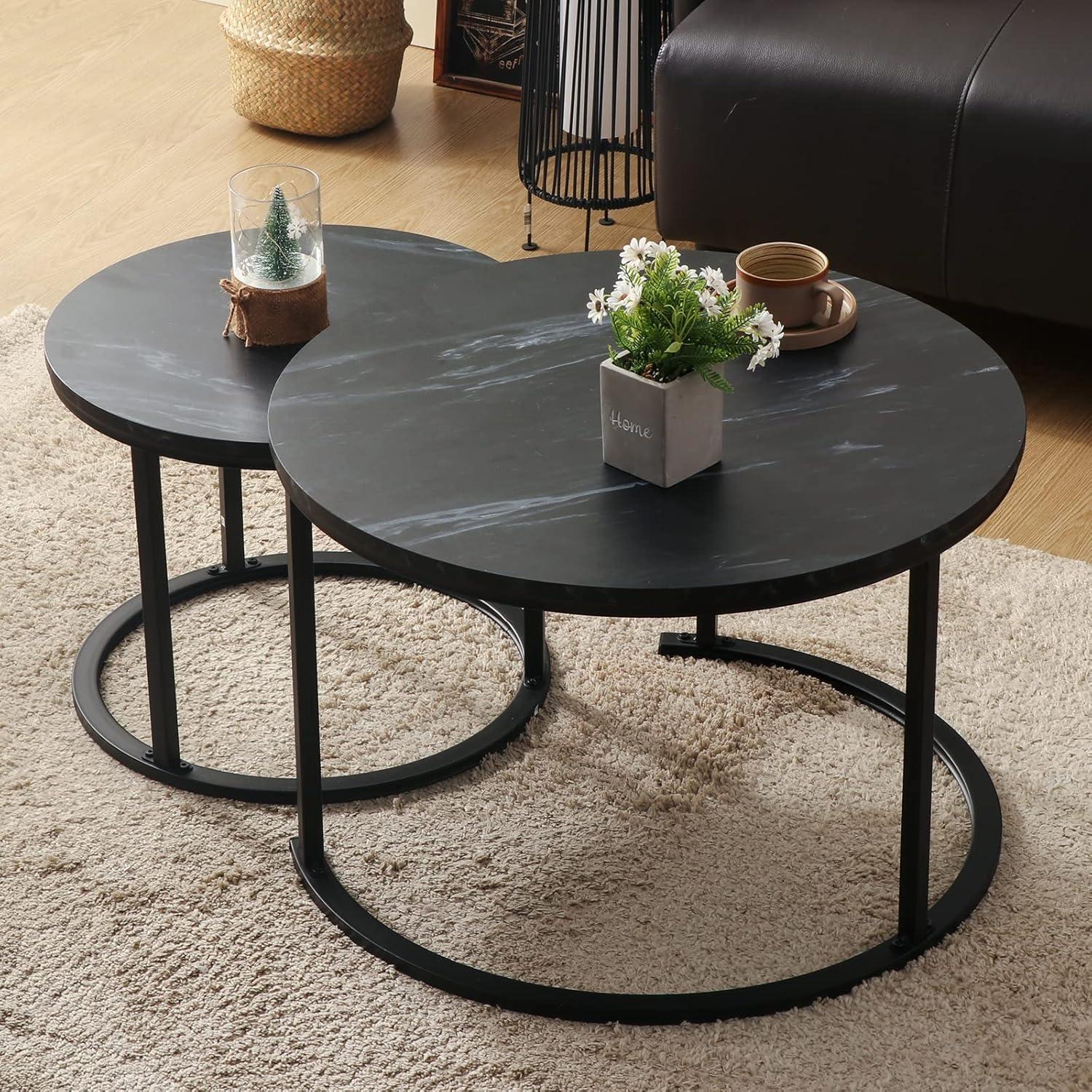 Runder Couchtisch, 2er Set Satztisch, Modernes Wohnzimmertisch-Set, Schwarz