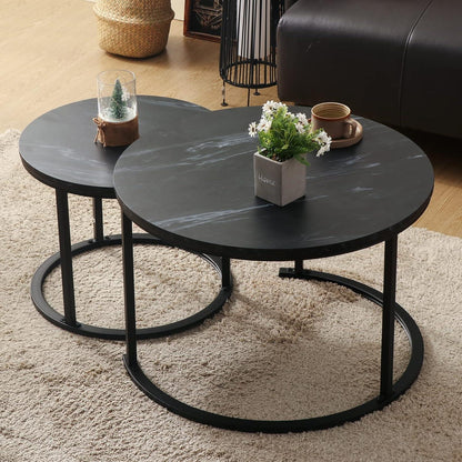 Runder Couchtisch, 2er Set Satztisch, Modernes Wohnzimmertisch-Set, Schwarz
