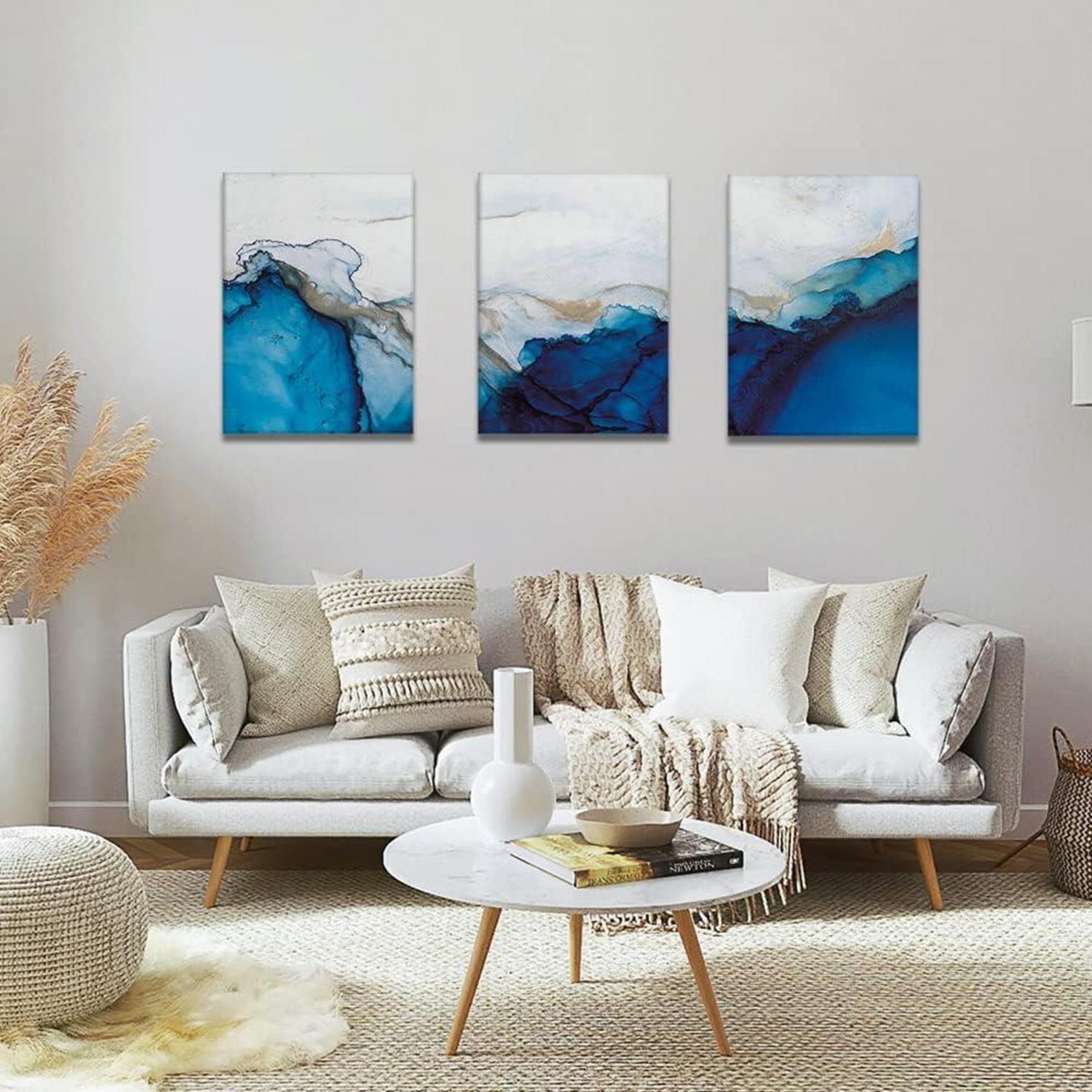 3-teiliges Abstract Leinwandbild Blau Weiß Marmor - Moderne