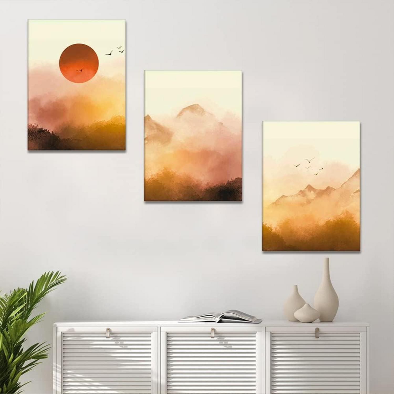 Artscope 3tlg. Leinwandbilder Sonnenaufgang Nebel Wald 30x40 cm