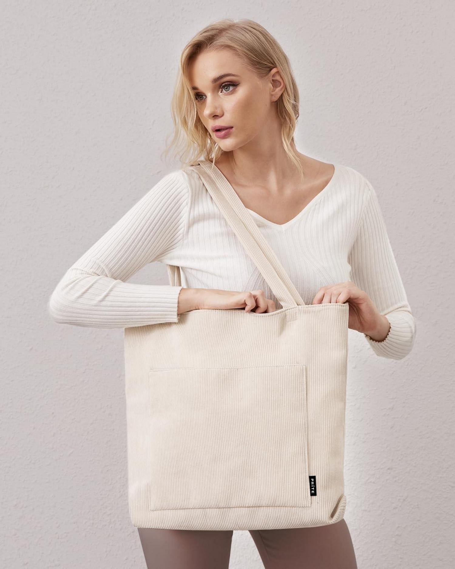 Große Handtasche Damen Cord Tote Bag Beige Stofftasche