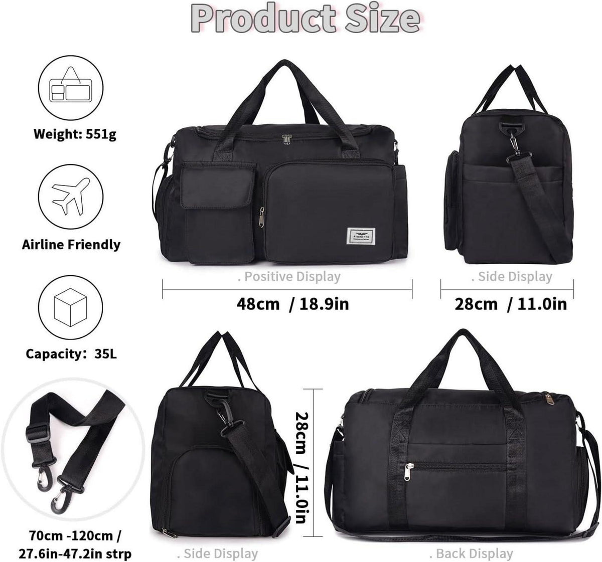 Faltbare Reisetasche 35L Damen Sporttasche mit Schuhfach