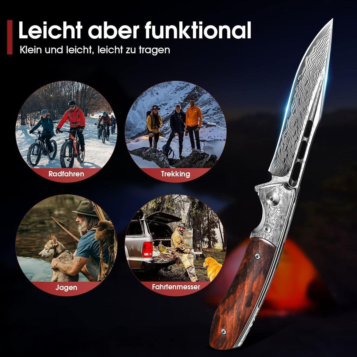 Damast Klappmesser mit Holzgriff – Outdoor Messer für Survival