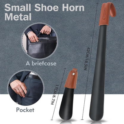 ZOMAKE Schuhlöffel Metall Set 2er Schwarz Lederband 42cm
