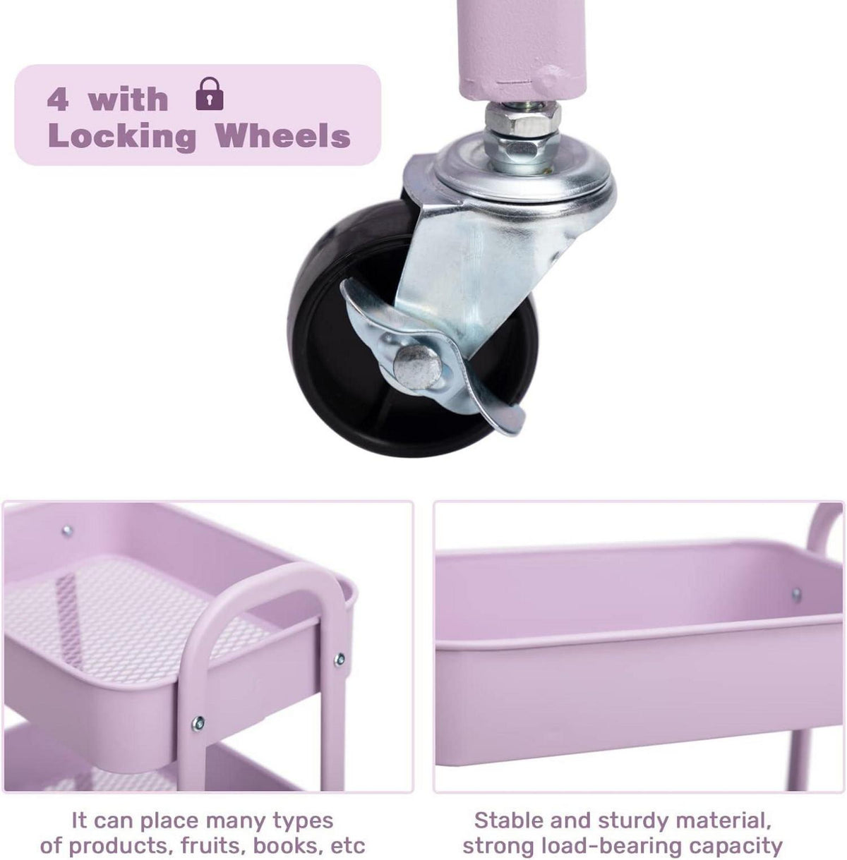 Küchenwagen 3-Etagen Metall Utility Cart Organizer Rollwagen helles lila