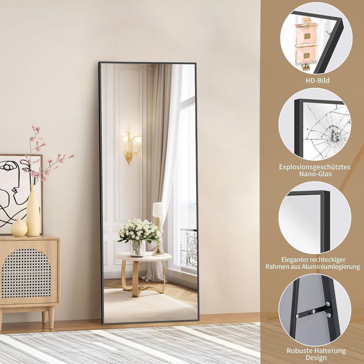 Großer Standspiegel Rechteckig mit Aluminiumrahmen – 161x52cm