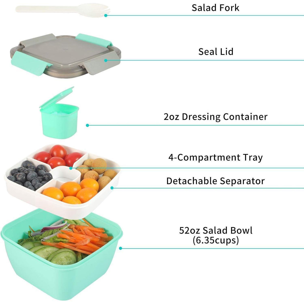 Lunchbox Bento Box 1500ml mit 3 Fächern & Gabel