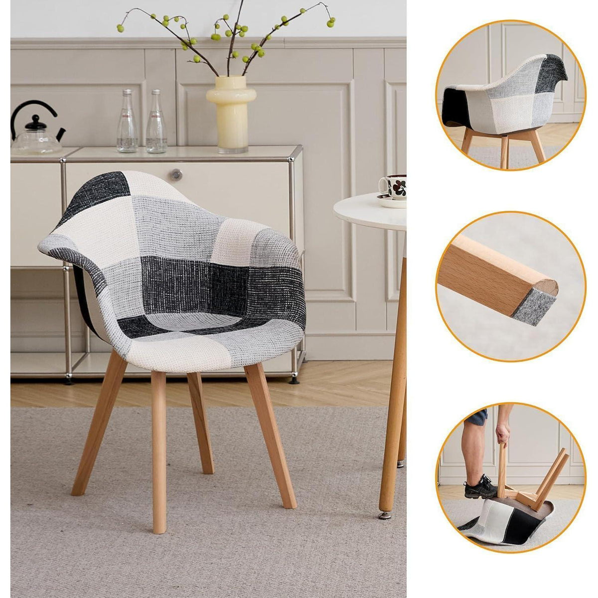 Patchwork Esszimmerstühle mit Armlehnen – 4er Set Schwarz Weiß Grau
