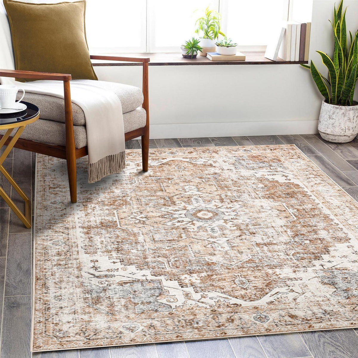 Vintage Teppich Ziegelrot Floral 210x300cm – Waschbar & Rutschfest