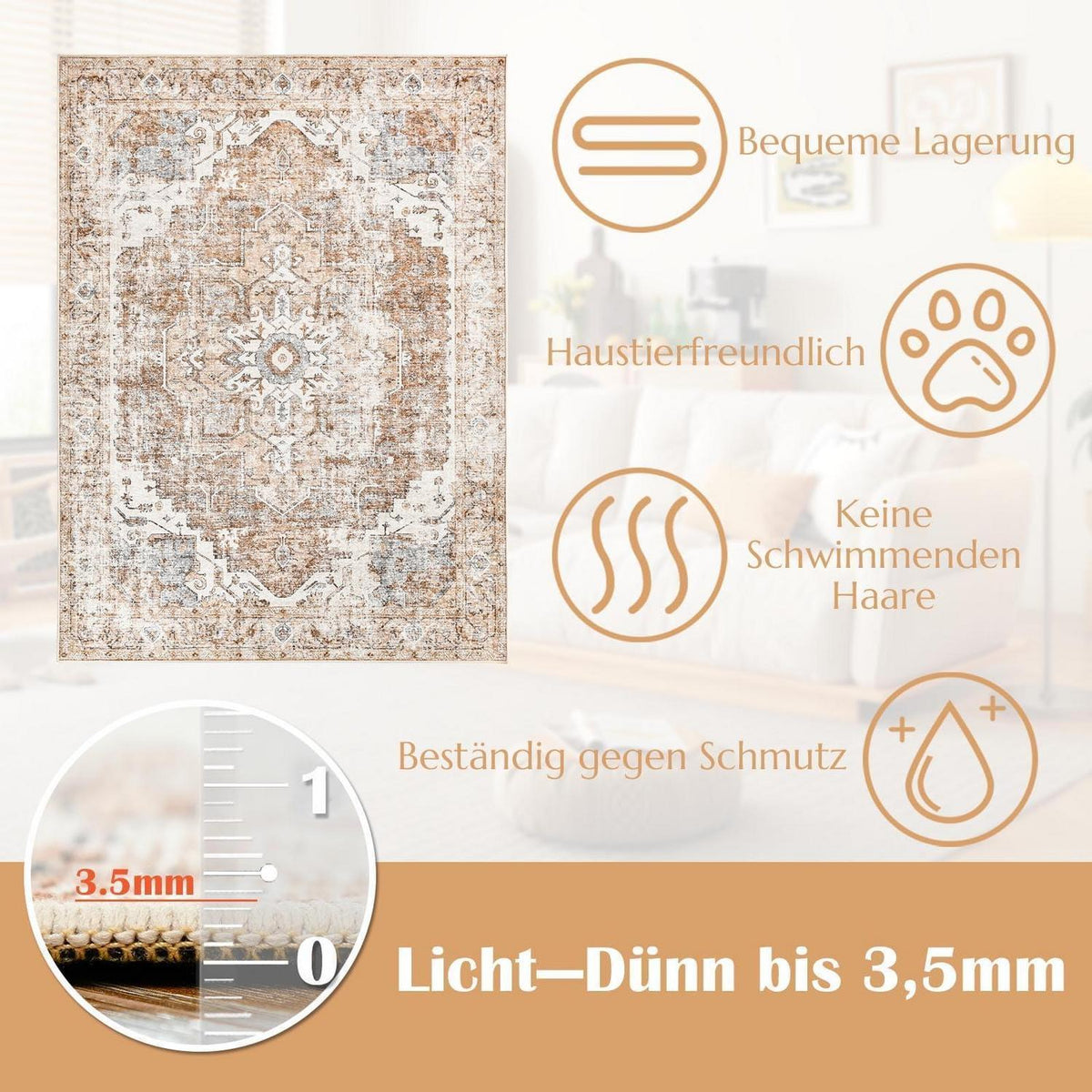 Vintage Teppich Ziegelrot Floral 210x300cm – Waschbar & Rutschfest