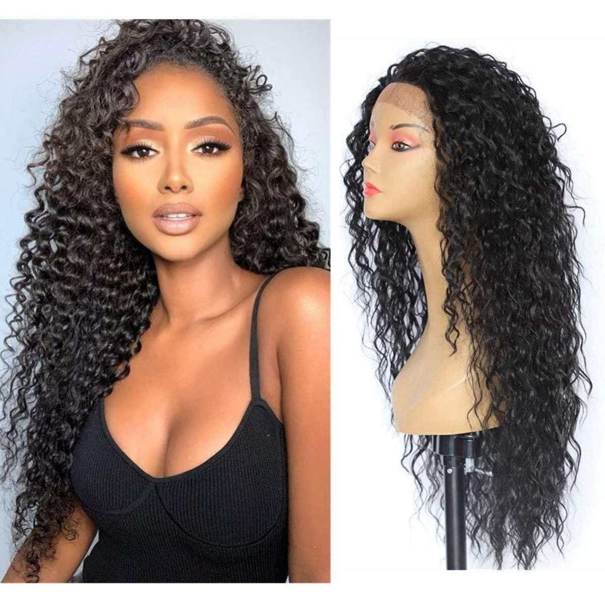 Lockige Schwarz Lace Front Perücke – Synthetisch & Hitzebeständig 26 Zoll