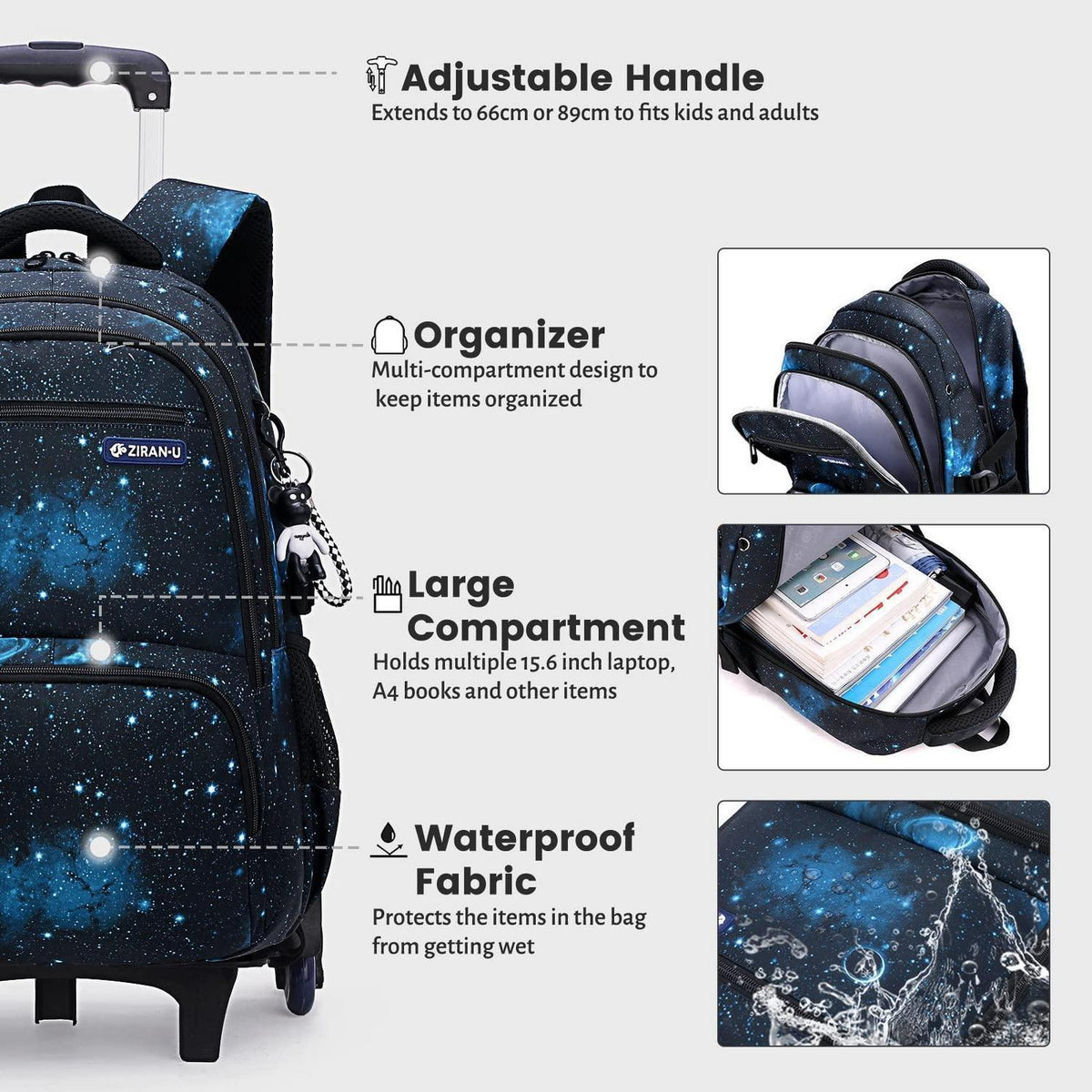 Rucksack Trolley für Jungen, Blau – Schulrucksack mit Rollen