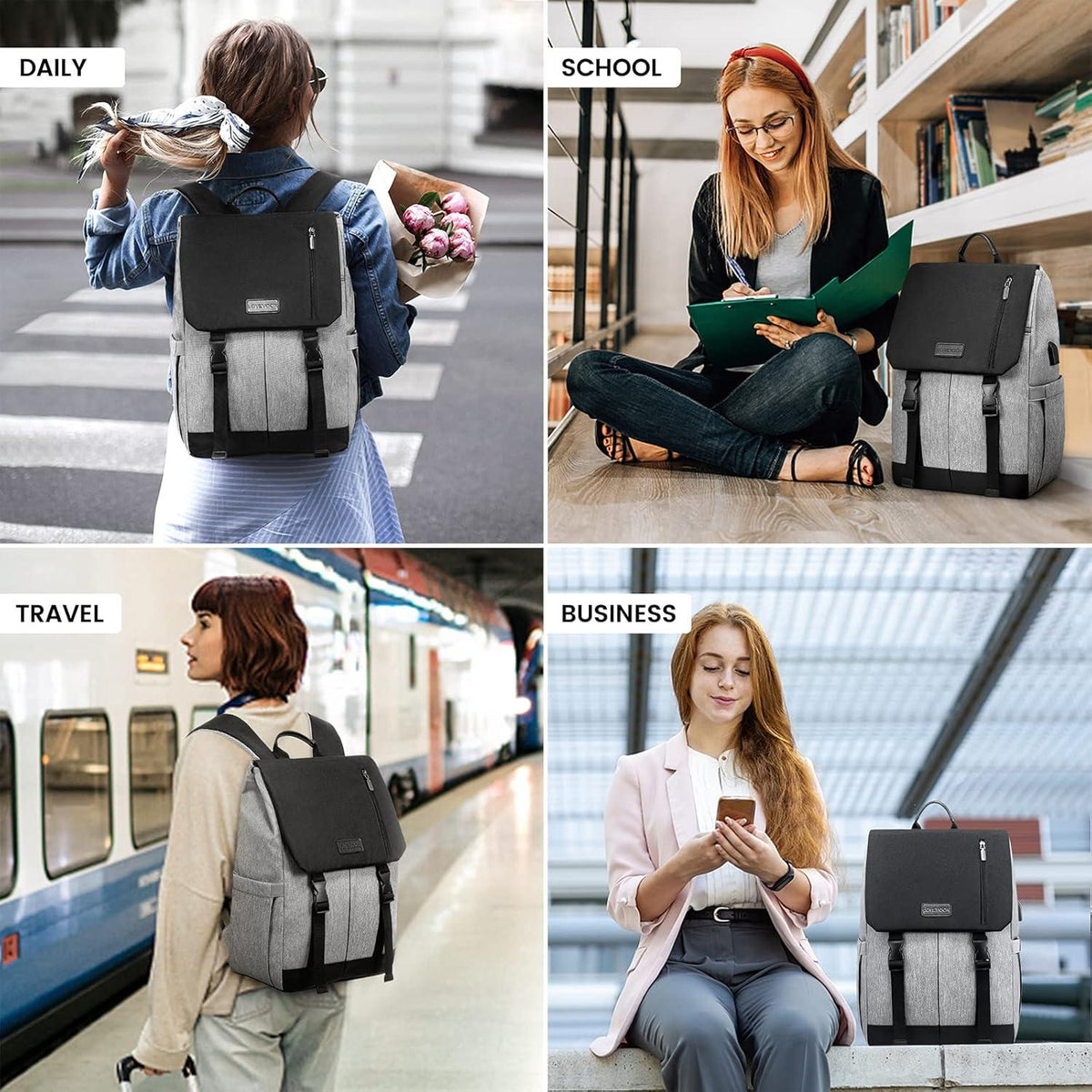 15.6 Zoll Laptop Rucksack Damen Herren Wasserdicht Uni Business Grau