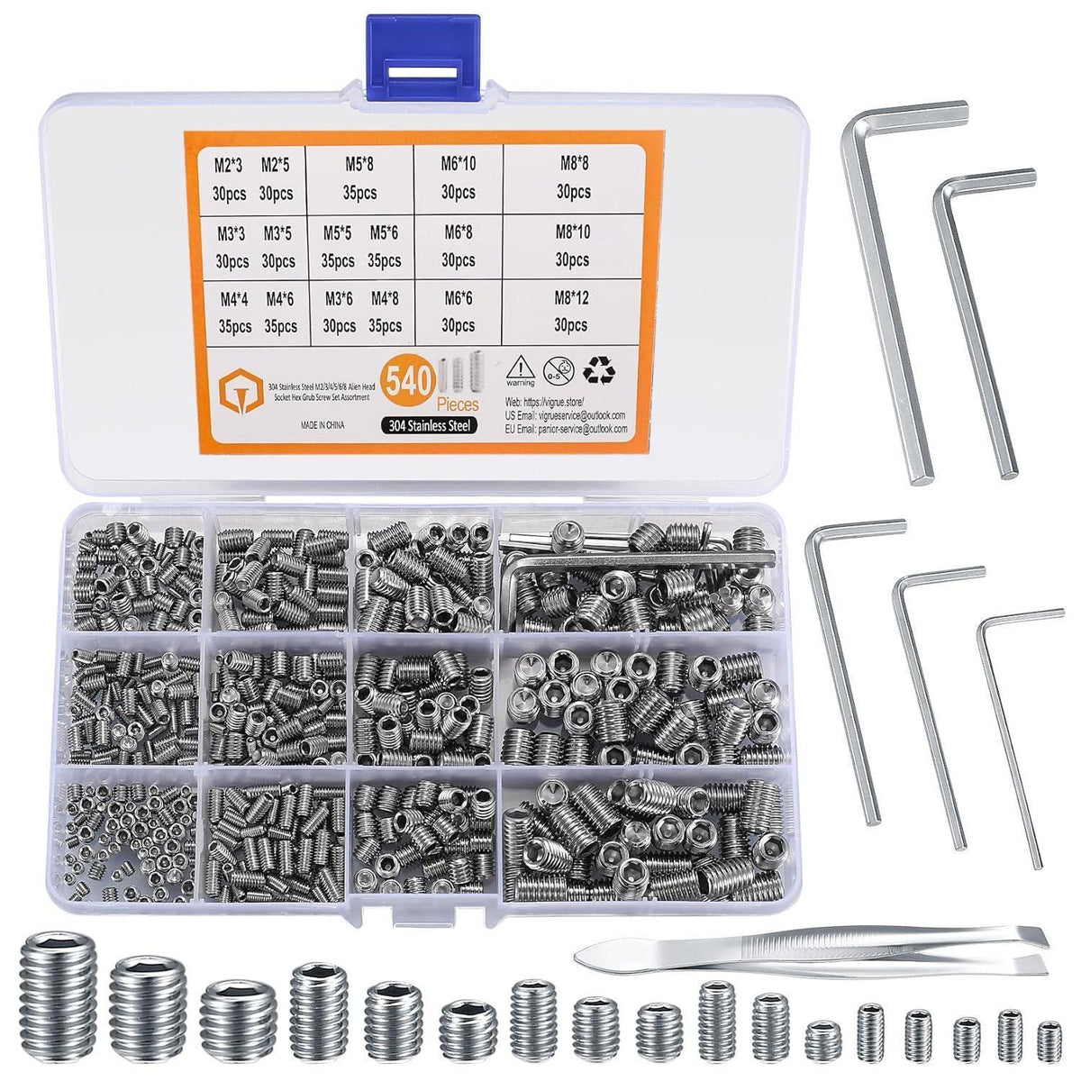 Madenschrauben Sortiment Set 540 Stück Edelstahl M2-M8 Innensechskant