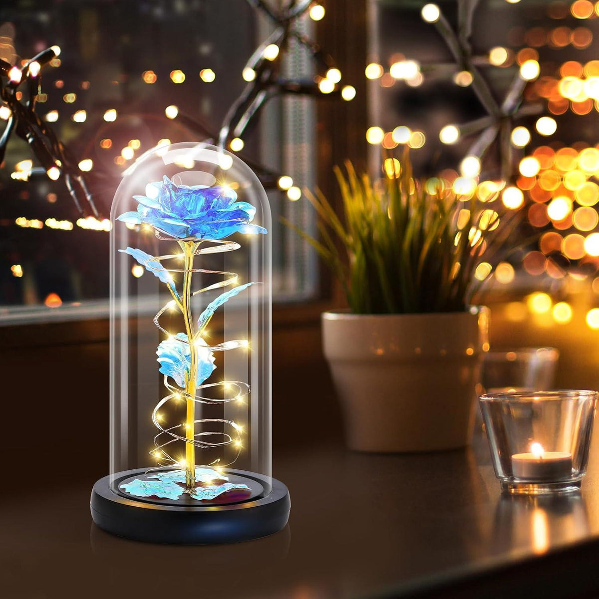 Ewige Rose im Glas LED Geschenkbox Blau für Frauen Mama