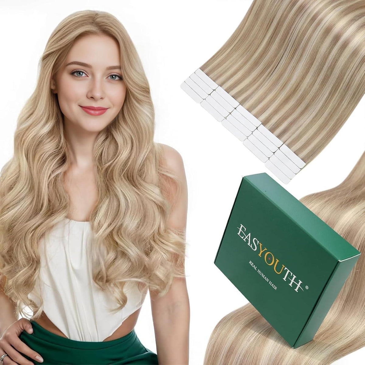 Echthaar Tape Extensions 60cm Blond – #18/613, 50g