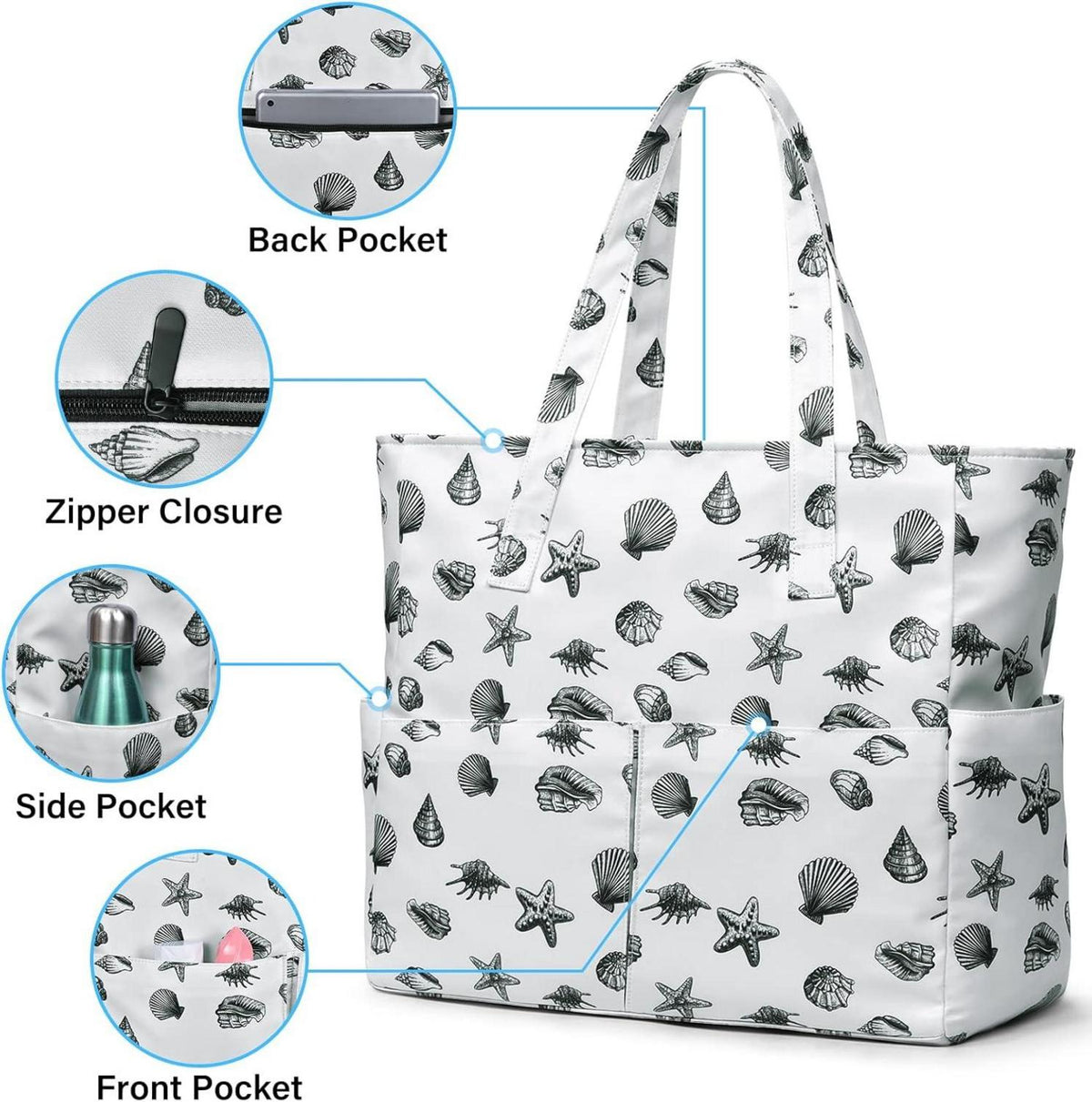 XXL Wasserdichte Strandtasche mit Reißverschluss und 9
