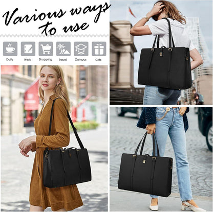 IGOLUMON Damen Handtasche Shopper Schwarz 15.6 Zoll Laptop PU Leder