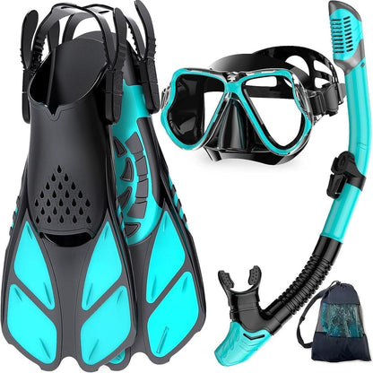 Schnorchelset Erwachsene mit Flossen, Panorama Maske, Dry Top Schnorchel, Schwarzgrün S/M