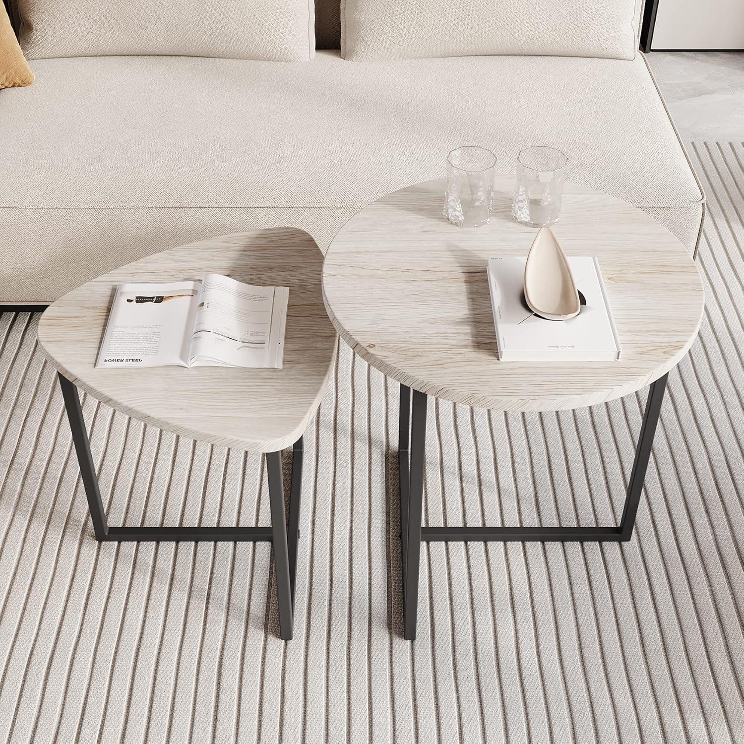 Runder Couchtisch 2er-Set Metallrahmen Holz stapelbar